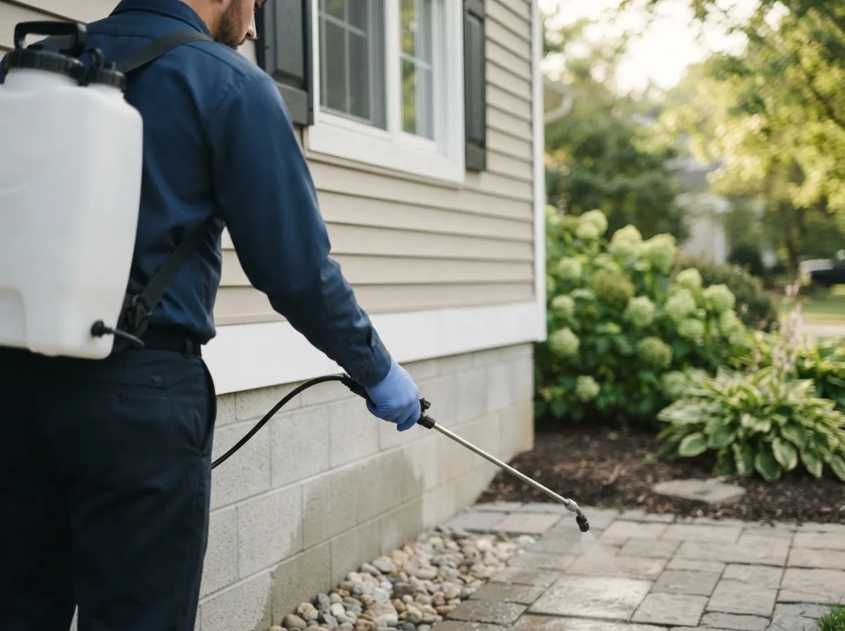 Pest control technician inspecting a home in Waite, ME